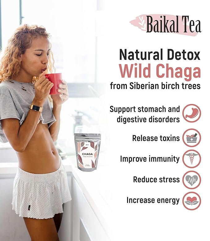 Chaga Tea - 100% Wild Siberian Birch Chaga Mushroom - Organic - 30 Unbleached Tea Bags - Pure No Additives - Natural Detox and Digestive Support - Hand-Picked by Baikal Tea