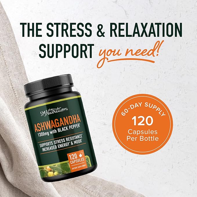 Ashwagandha Supplement 1300mg for Stress Resistance & Energy Boost | High Absorption Adaptogen from Root Powder with Black Pepper | Stress-Related Fatigue Support | Non-GMO | 120ct, 2-Month Supply