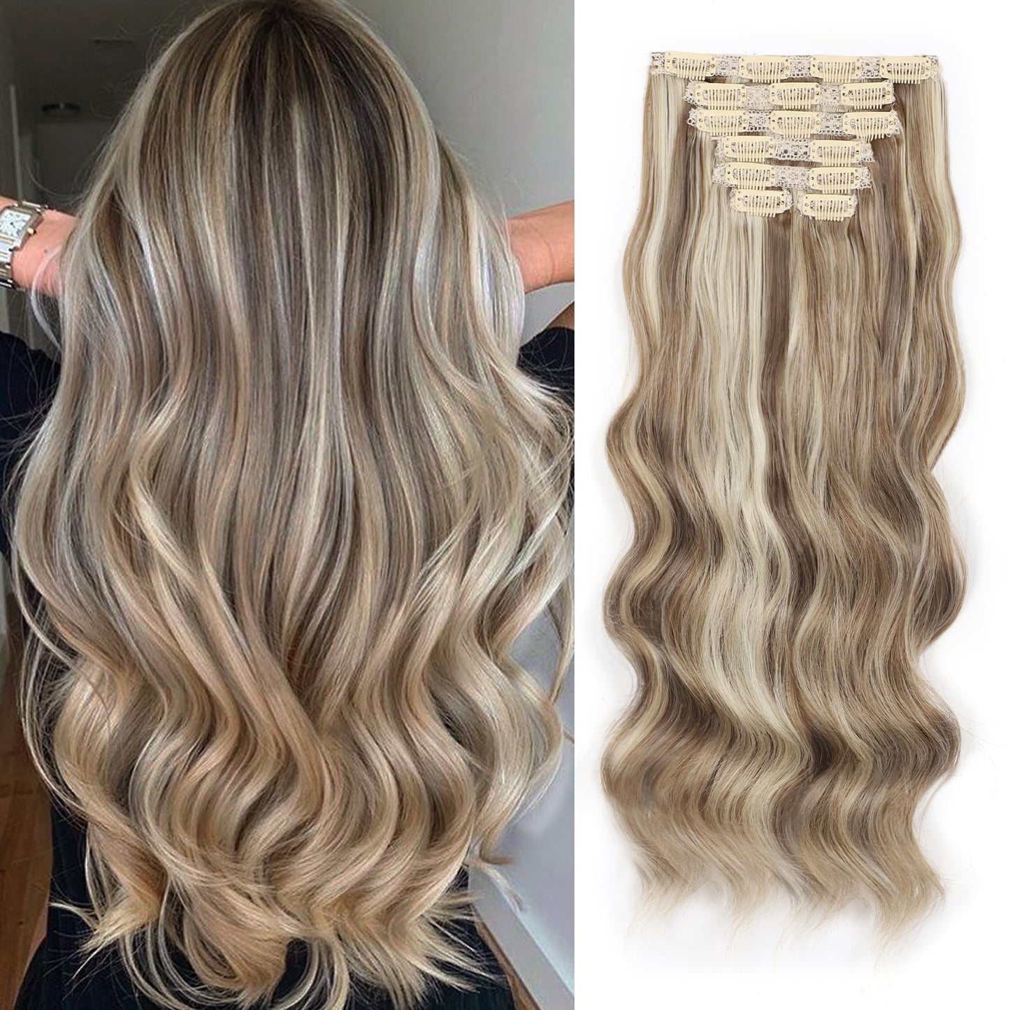 Vigorous Clip In Hair Extensions Light Blonde & Golden Blonde Long Wavy Hairpieces 20Inch Hair Extensions Clip Ins Soft Syntheti