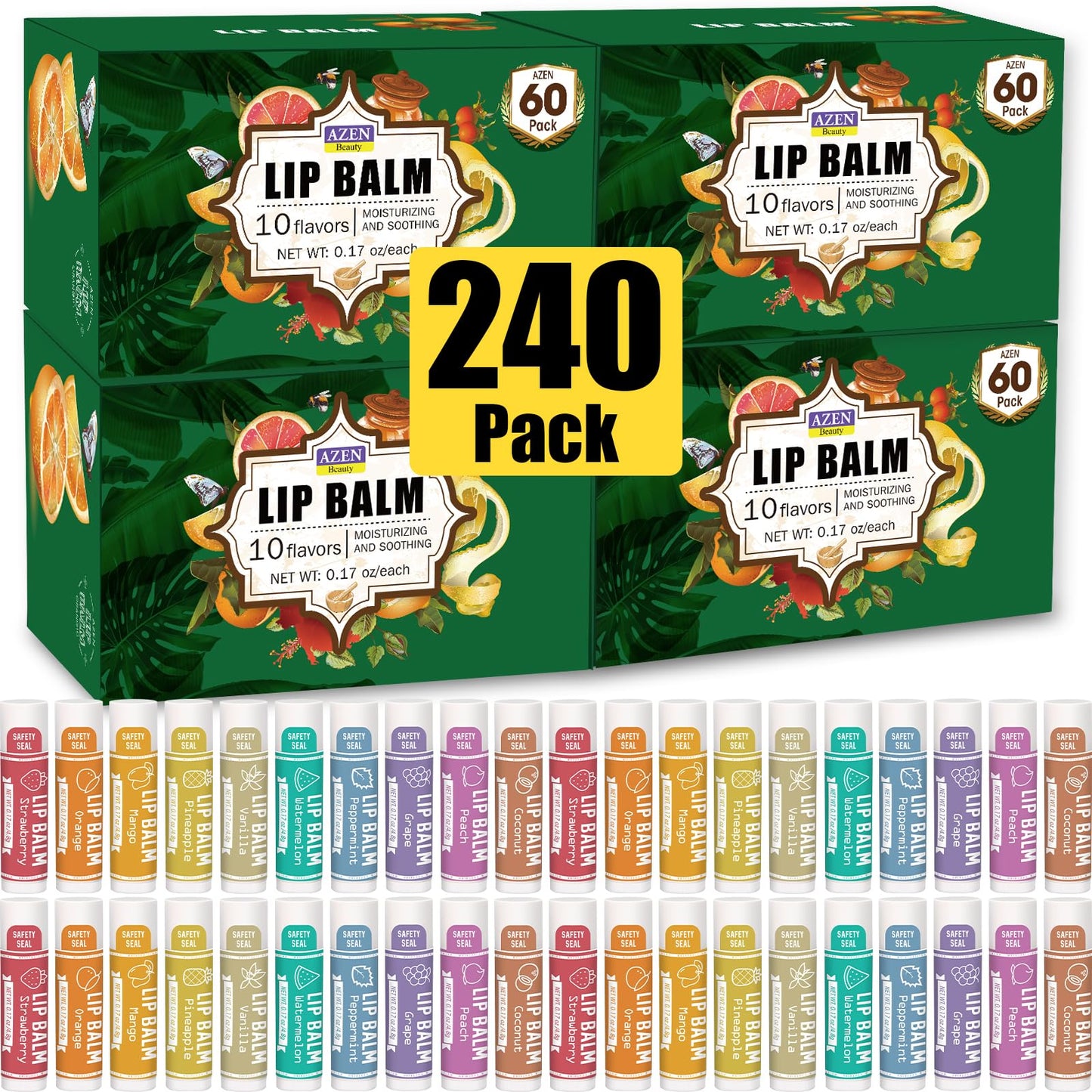Azen 240 Pack Lip Balm, Natural Lip Balm Bulk, Lip Care Product, Christmas Stocking Stuffers, Christmas Gifts For Women Girls -