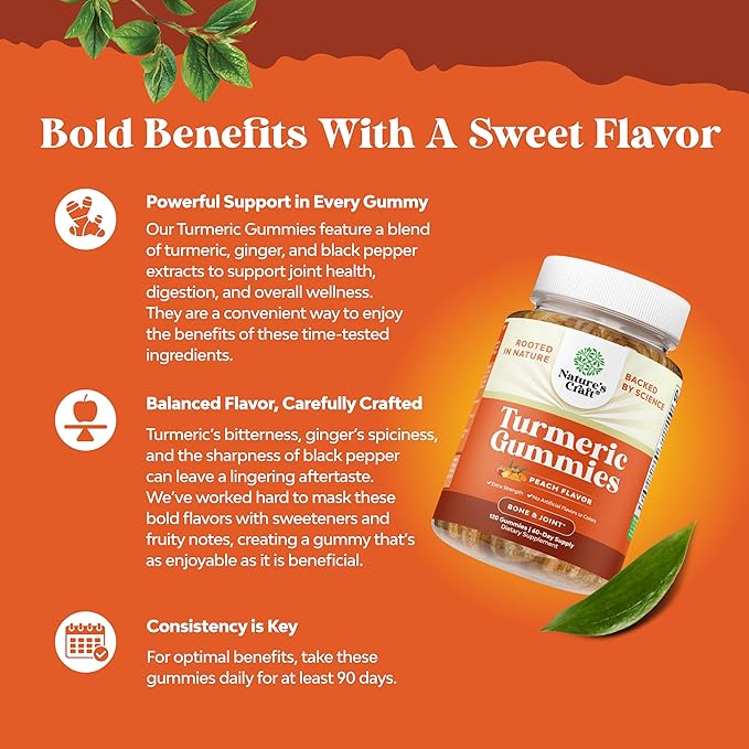 Turmeric Gummies for Adults Peach Flavor - Extra Strength Joint Support Gummies with Turmeric Curcumin with Black Pepper Extract and Ginger - and Ginger Peach Vitamins for Adults