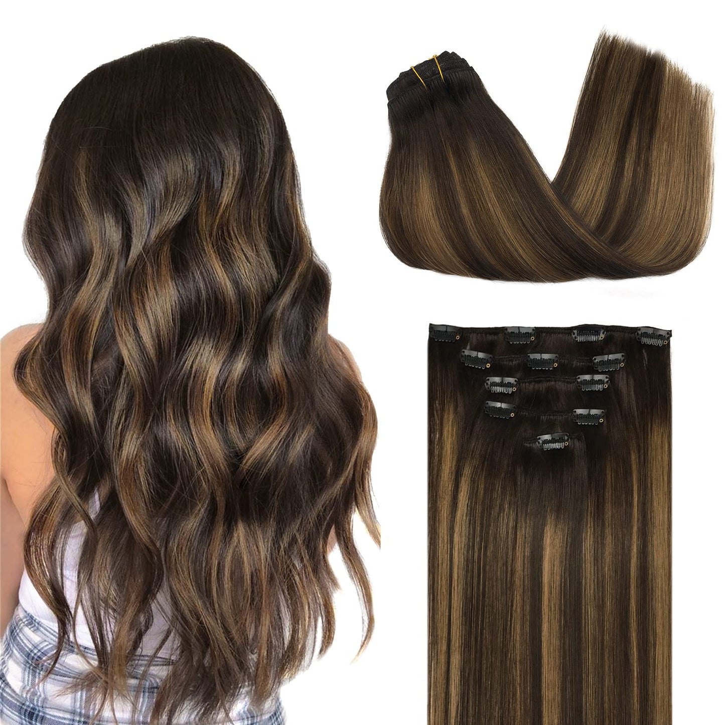 Doores Clip In Hair Extensions Real Human Hair, 5Pcs 80G Balayage Chocolate Brown To Honey Blonde 18 Inch Hair Extensions Clip I