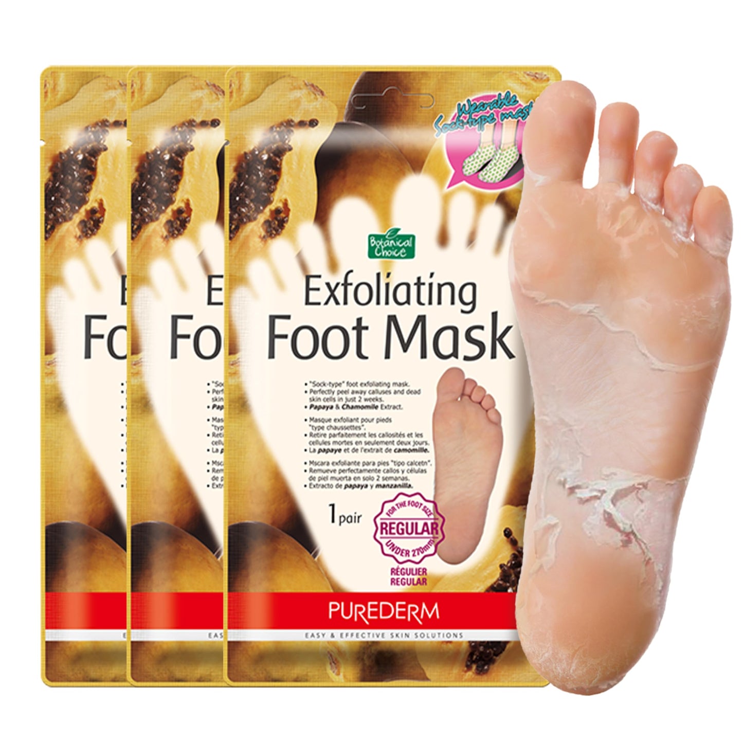 Purederm Exfoliating Foot Mask (3 Pack) - Regular Size Exfoliating Foot Masks For Cracked Feet, Dry Skin, Callused Feet
