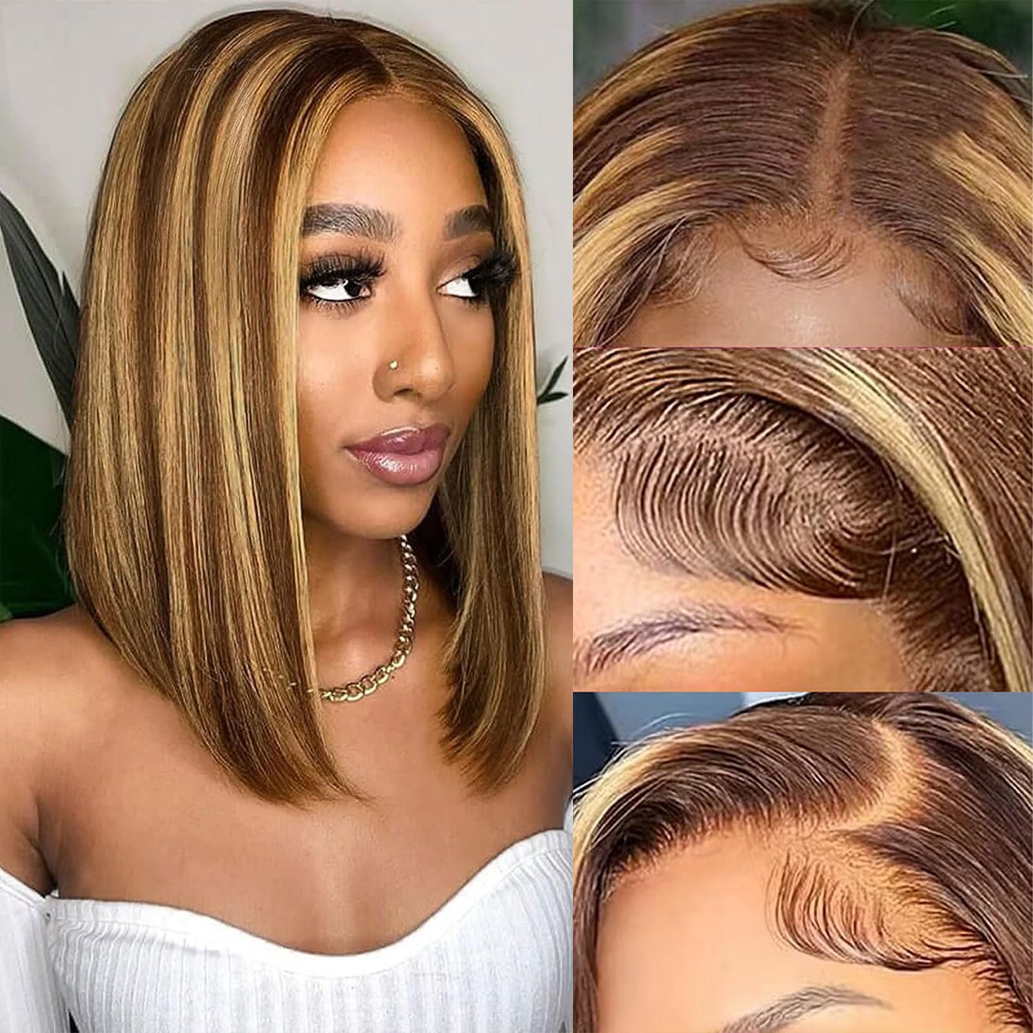Ombre Highlight Bob Wig Human Hair 13X4 Lace Front Wigs P4/27 Colored Wigs 14 Inch Honey Blonde Bob Human Hair Wigs 180 Density