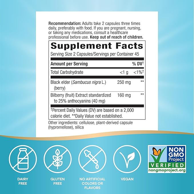 Nature's Way Bilberry Premium Extract, Supports Eye Health*, Eye Health Supplement for Adults with Black Elderberry*, Gluten Free, Vegan, 90 Capsules