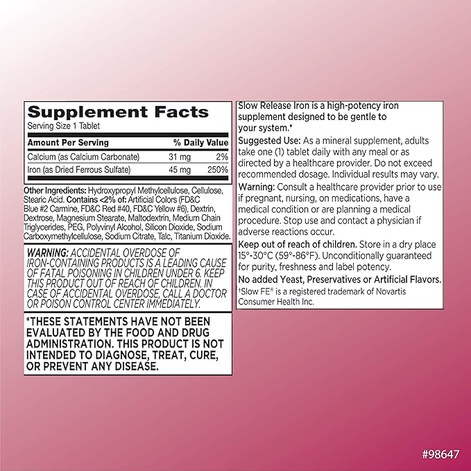 Quality Choice Iron High Potency Slow Release Tablets, 45mg, 60 Tabets Each (Pack of 9)