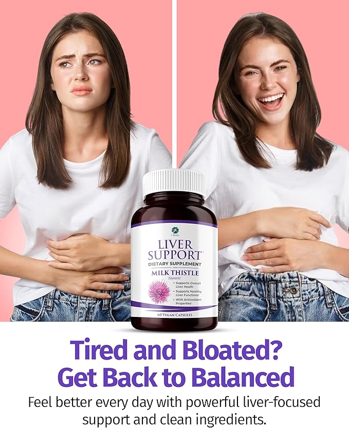 1 Body Liver Support Supplement with Milk Thistle, Turmeric, Dandelion, Artichoke, B12, 60 Vegan Silymarin Capsules