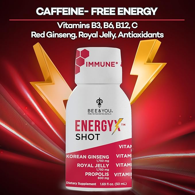 Bee and You Energy X Shot, 12 Pack, Korean Red Ginseng, Royal Jelly, Propolis, Caffeine Free Energy Drink, Vitamin C, B3, B6, B12, Immune Support Supplement, Antioxidants, Pomegranate Flavor