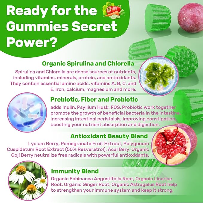 Super Greens Gummies, Greens Superfood Powder Alternative w/Spirulina, Chlorella, Prebiotic Fiber, Probiotic, Fruit Veggie, Daily Greens Vegetable for Digestive & Gut Health, Immunity, Focus, 60 Cts