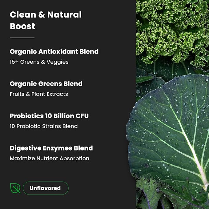 NutraChamps Super Greens Powder Premium Superfood | 20+ Organic Green Veggie Whole Foods | Wheat Grass, Spirulina, Chlorella | Antioxidant, Digestive Enzyme & Probiotic Blends (9.0 Oz, Unflavored)