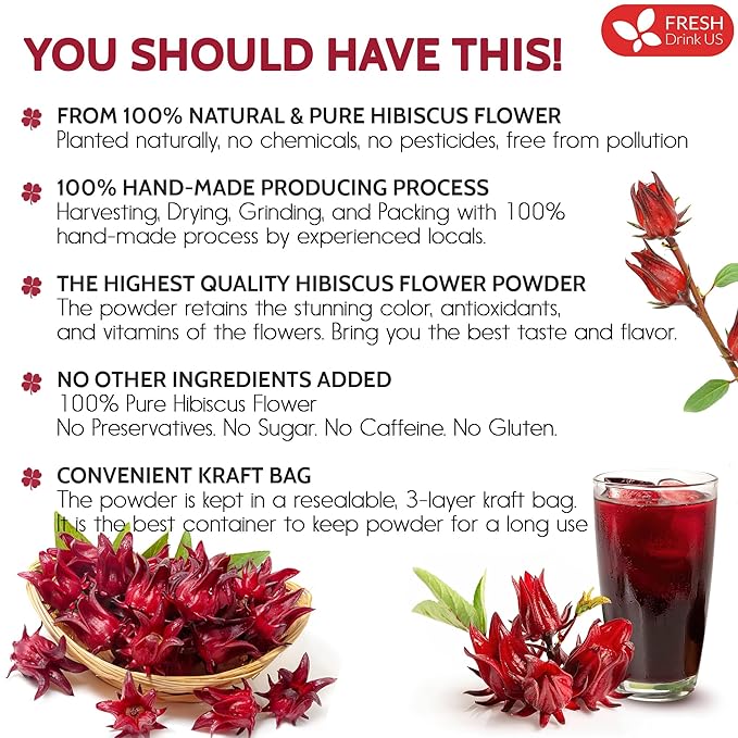 FreshDrinkUS, Premium 16oz Hibiscus Flower Powder, 100% Natural and Pure from Hibiscus Flowers, Natural Food Coloring, Hibiscus Flowers Tea, No Additives, No Gluten, No Sugar, Vegan
