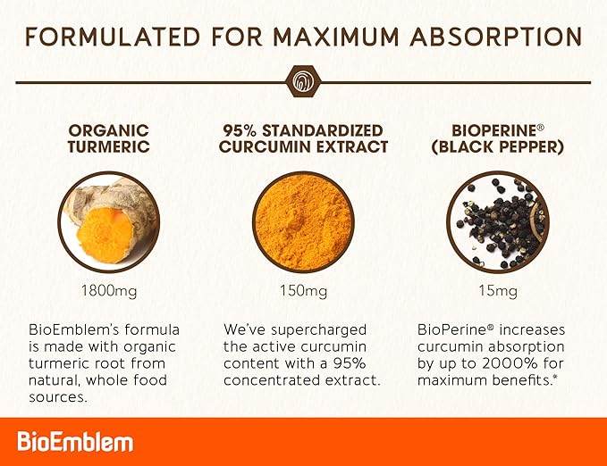 BioEmblem Turmeric Curcumin Supplement with BioPerine | Joint Support & Heart Health | with Organic Turmeric Powder & 95% Curcuminoids Extract | California Made, Non-GMO, 60-Day Supply
