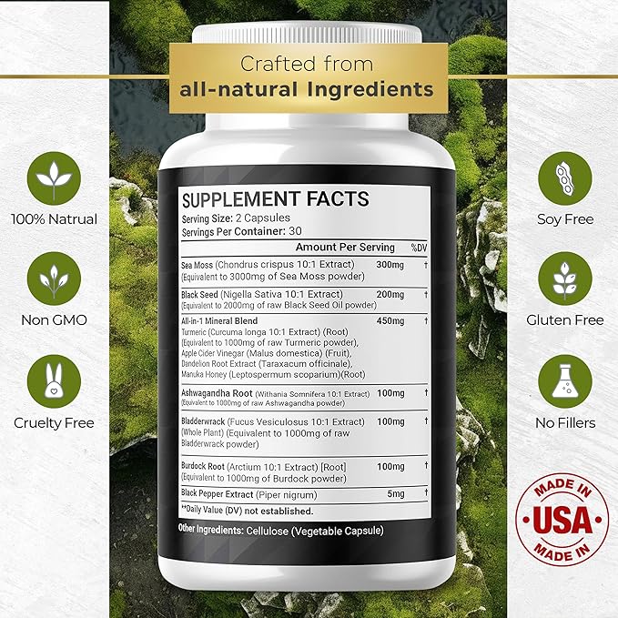 Sea Moss Black Seed Oil Ashwagandha Turmeric Bladderwrack Burdock - with Manuka, Honey Dandelion, ACV Black Pepper Gluten Free - 60 Count