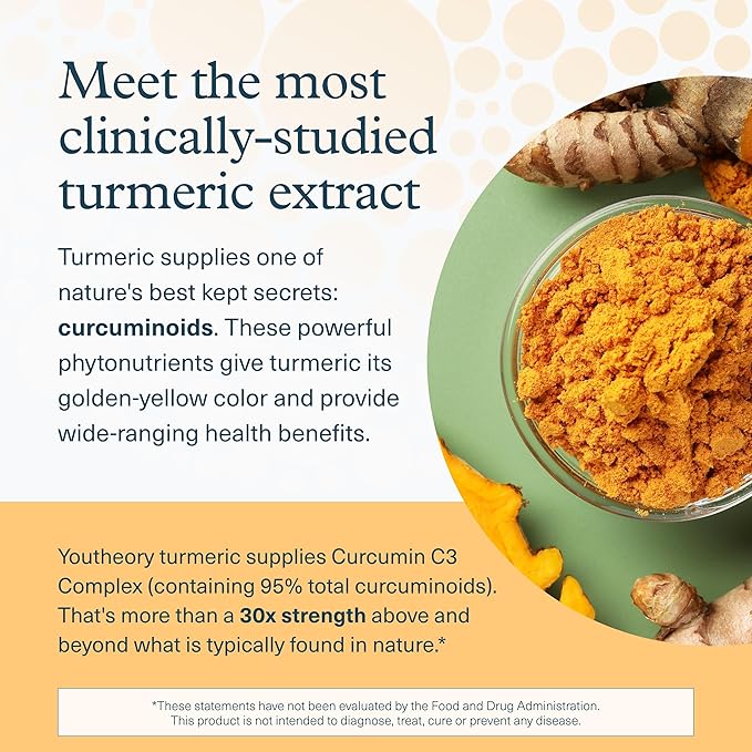 Youtheory Turmeric Advanced - 450 mg Turmeric Supplement - with 15 mg Black Pepper & 300 mg Olive Leaf Extract - Curcumin Joint Support* - Soy, Dairy & Gluten Free - 120 Vegetarian Tablets