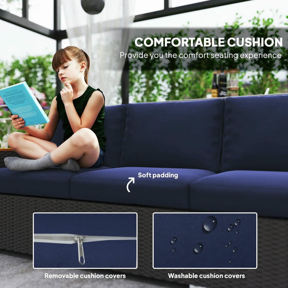 Barara King Patio Outdoor Sofa,3-Seat Outdoor Patio Sofa with Cushions, PE Rattan Wicker Sofa with Wide Armrests, Outdoor Wicker Couch, Navy Blue