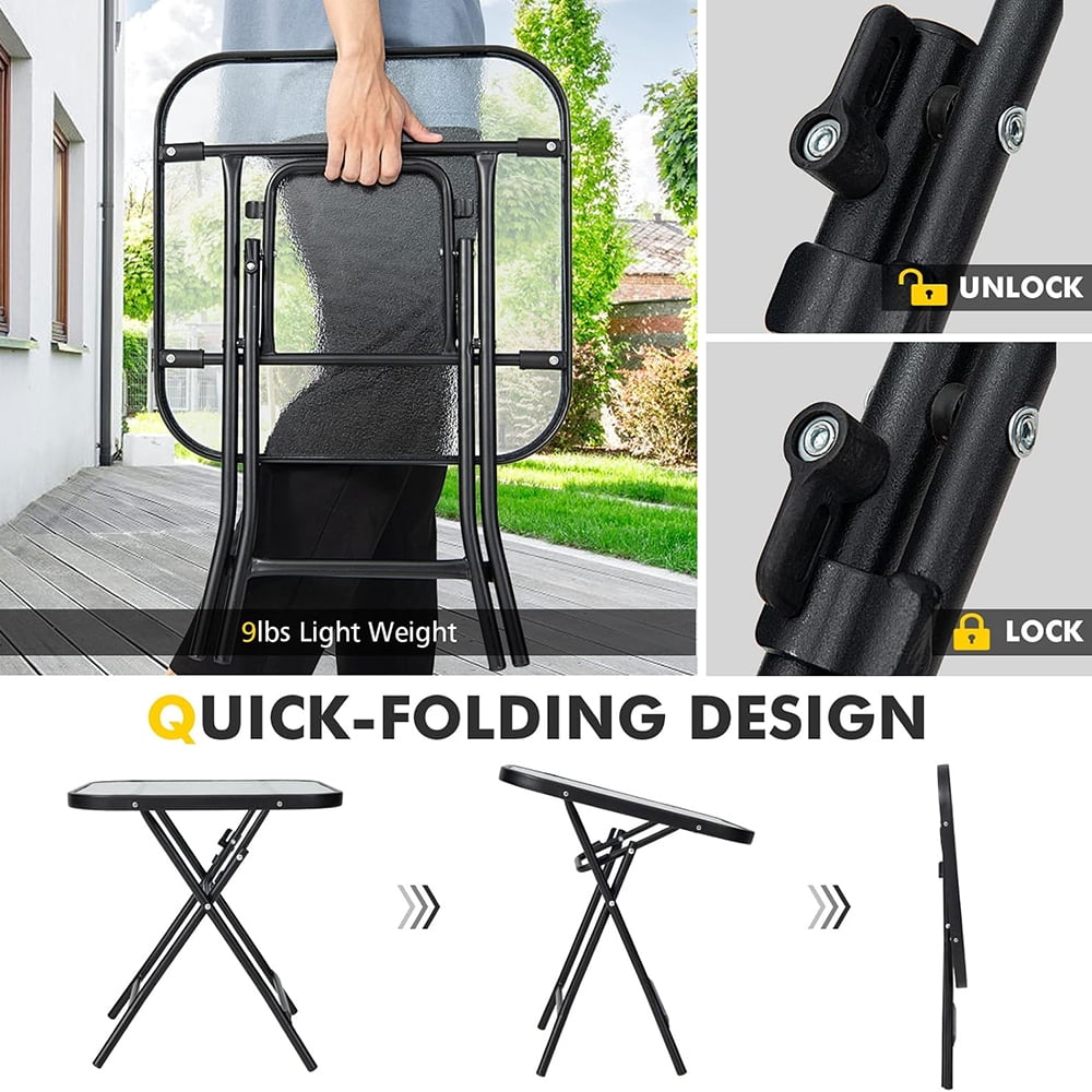 18” Folding Square Glass Side Table, Portable Patio Bistro Coffee Table with Tempered Glass Tabletop, Solid Steel Structure for Yard, Lawn, Garden
