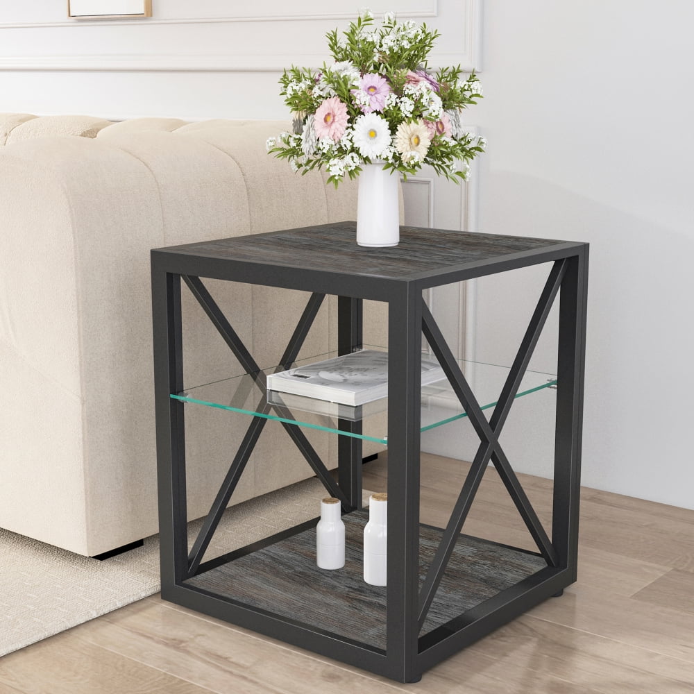 JHSLAJ 1 piece Modern End Table Nightstand for Bedroom & Living Room, Tempered Glass& Rustic Wood Grain MDF, Industrial Style Side Table