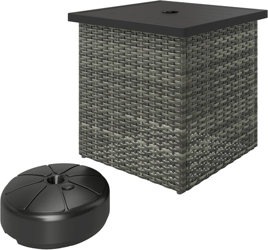 ZOPan All Weather Wicker Side Table with 1.5" Umbrella Hole, Square PE Rattan Outdoor End Table with Umbrella Base, UV-Resistant Frame, Storage Space for Patio, Garden, Poolside, Deck, Mixed-Gray