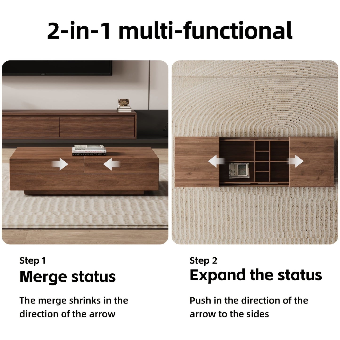 Mid-Century Modern Expandable Coffee Table with Large Storage, Centerpiece for Living Room, Walnut