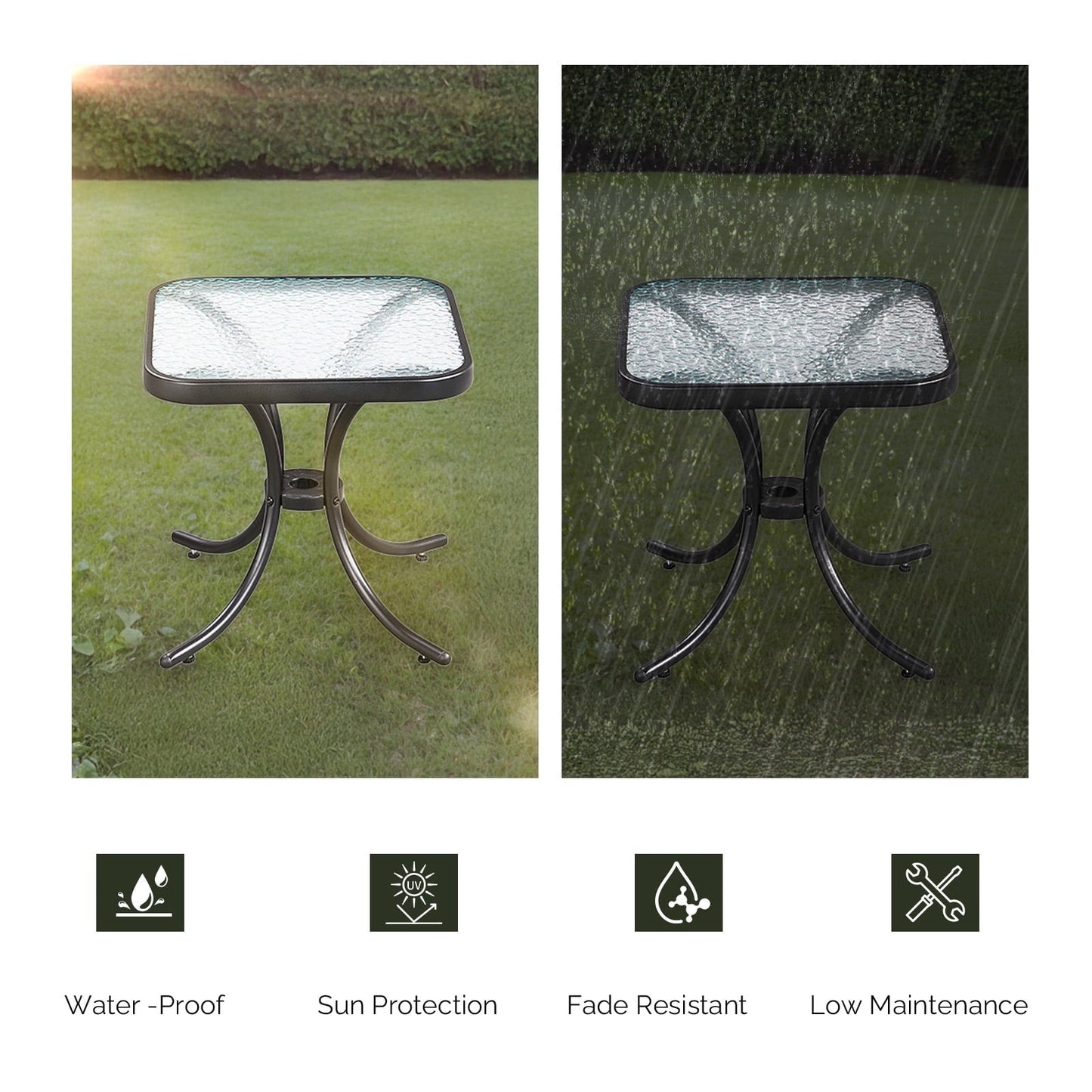 Zimtown 18" Square Tempered Glass Outdoor Patio Side Table, Metal Frame End Table, Black